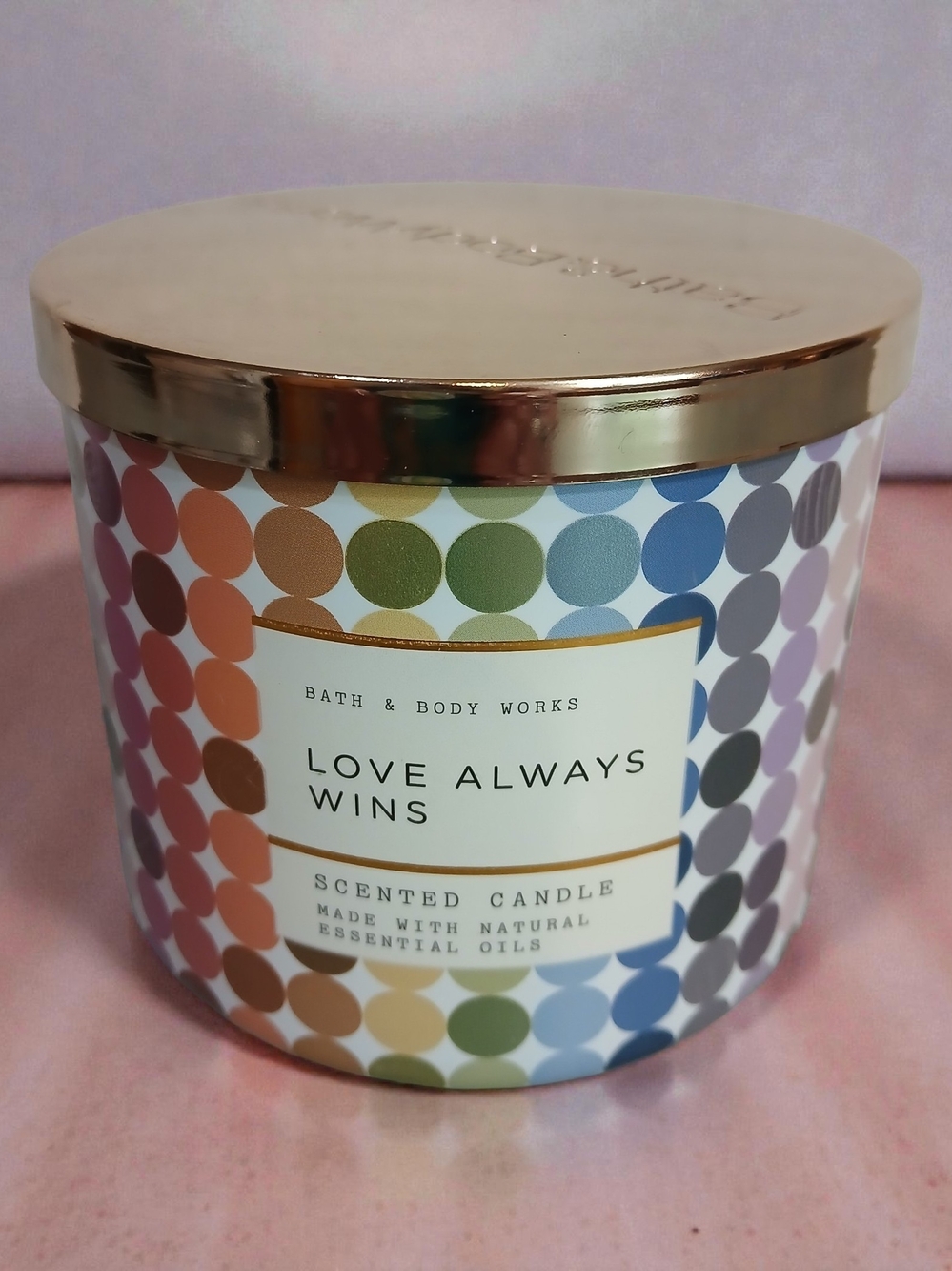 Bath & Body Works Love Always Wins Candle — Multicolor Dots with Gold Lid